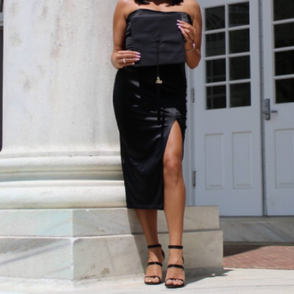 Windsor Black Satin Slit Leg Dress
